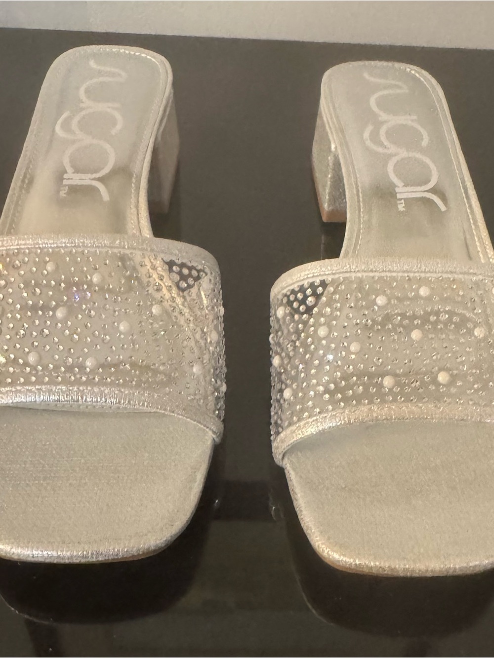 Sugar Silver Jeweled Block Heel Sandals